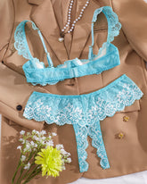 Sexy Lace Mesh Open Crotch Hollow Bra Underwear Set